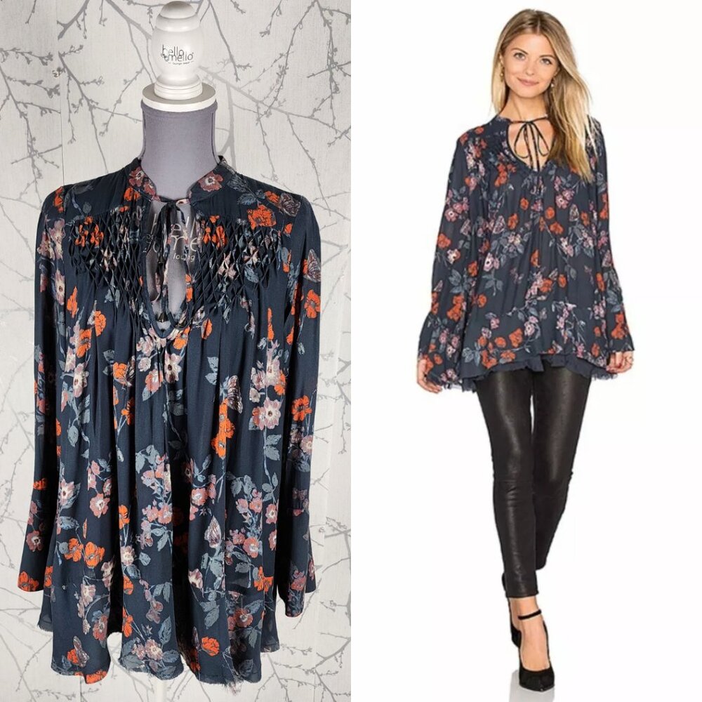 Free People Navy Floral Tie Neck Flowy Peasant Tunic Whimsigoth
